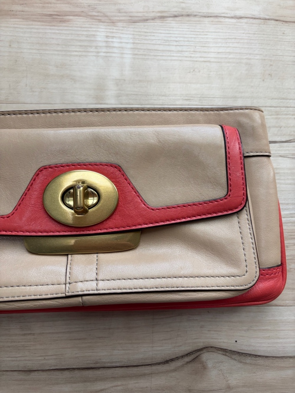 Designer-Inspired Beige and Coral Leather Wristlet Clutch